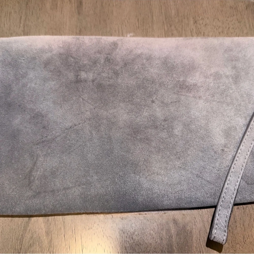 White House Black Market Gray Suede Fold-Over Clutch with Metallic Trim - Picture 3 of 5